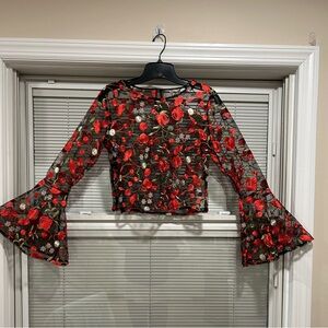 Sheer Embroidery Red and Green Floral Blouse